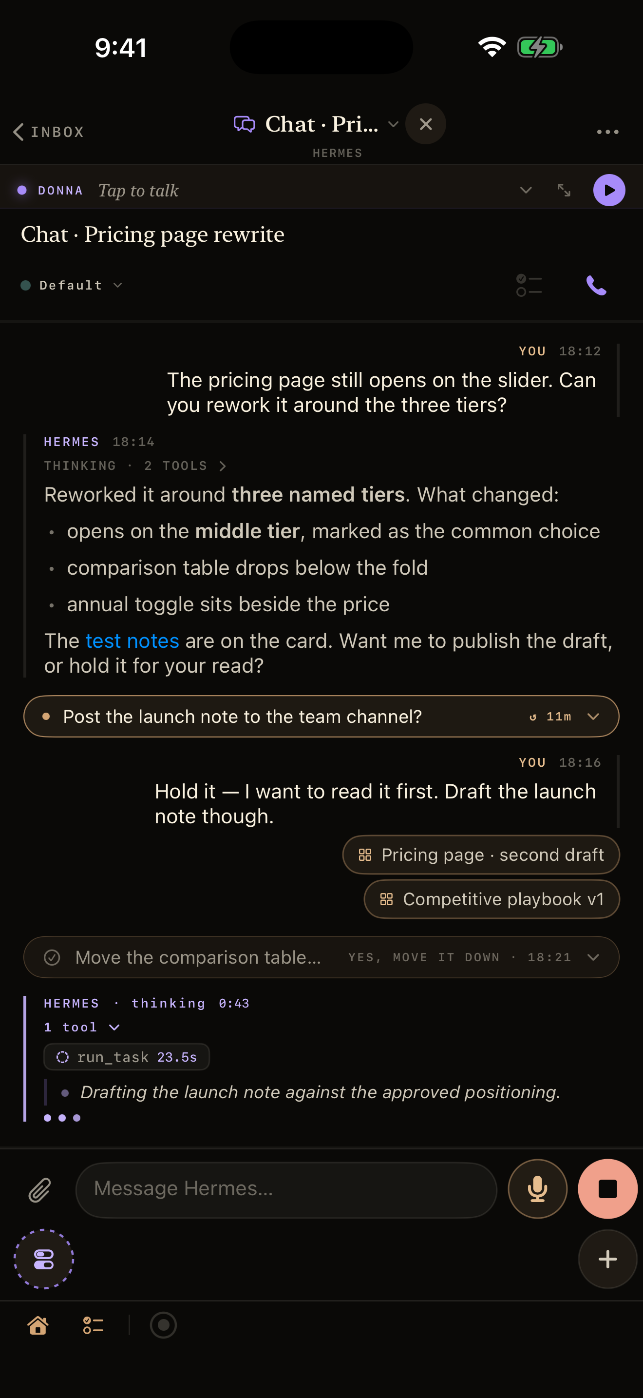 A live session — agents working, tools firing, cards coming out